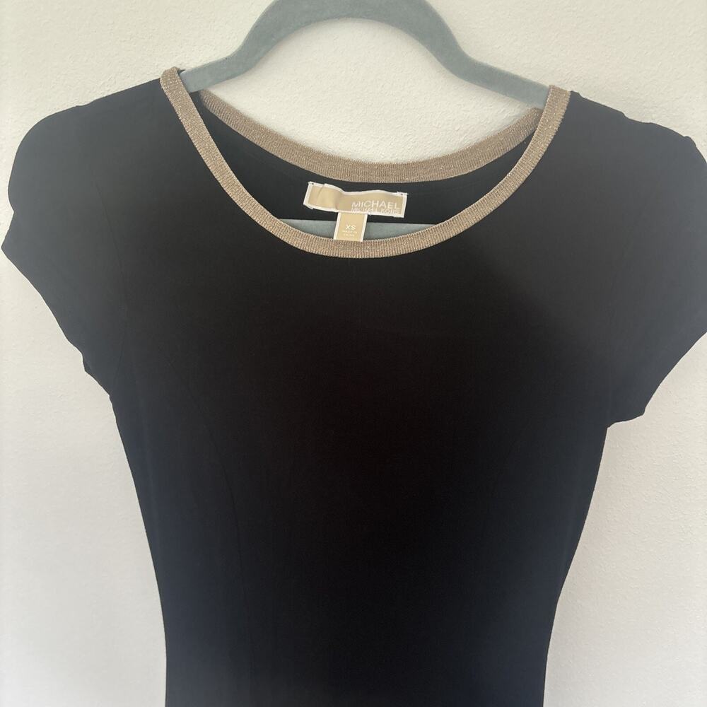 Michael Kors Black Maxi Dress XS Gold Trim Short Sleeve Slit - Picture 2 of 8